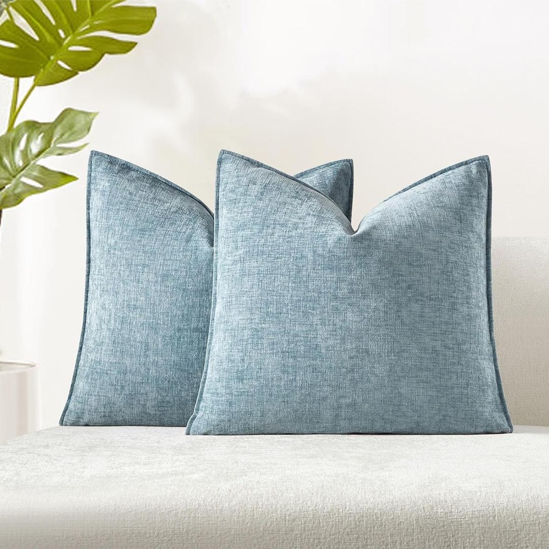 JUSPURBET Light Blue Chenille Throw Pillow Covers 22x22 inch Set of 2 Decorative Soft Textured Cushion Cases for Living Room Sofa Couch Bed Solid Home Decor Broadside Pillowcases