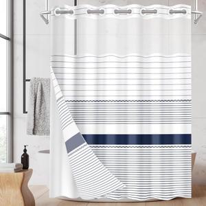 Nesphy No Hook Boho Shower Curtain with Snap in Fabric Liner Set, Navy Blue and White Striped Modern Double Layers Waterproof Fabric with See Through Top Window Open Grommet Bath Curtain 71x74 Inch