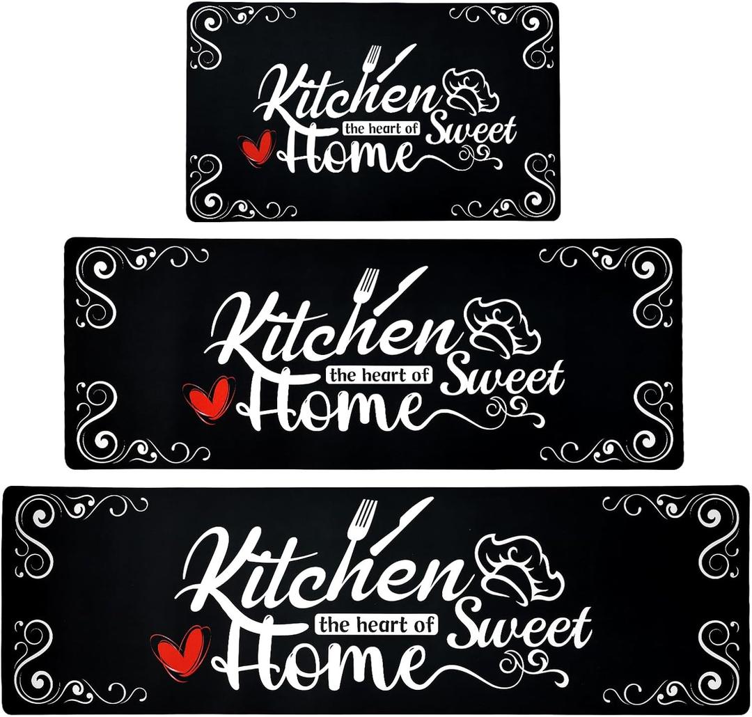 Kitchen Mats for Floor 3 Pieces Set, Non Slip Cushioned Runners Waterproof Comfort Kitchen Rugs and Mats Farmhouse Chef Mat Carpet for Sink,Laundry Room (17*30+17*47+17'*59", Black)