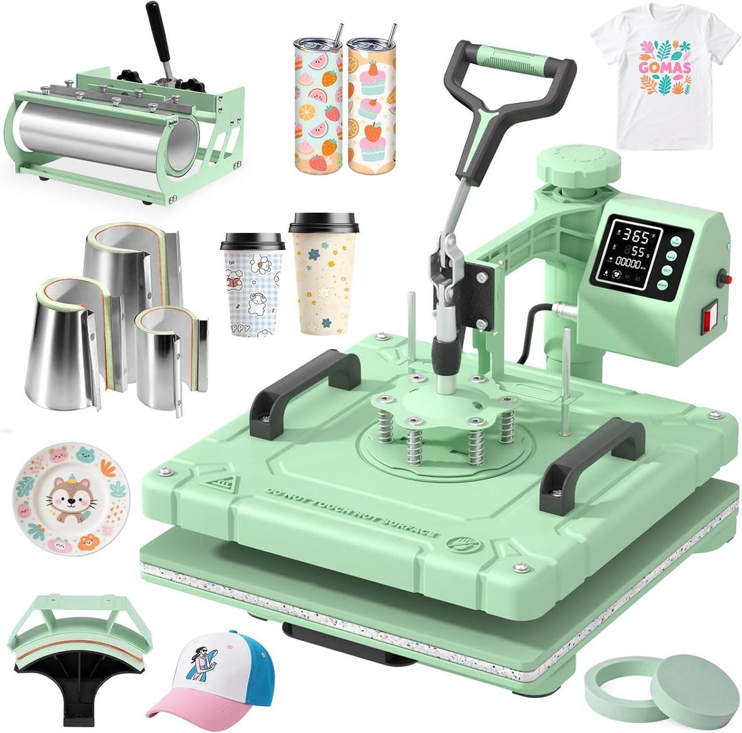 Slendor 8 in 1 Heat Press Machine 15x15 inch 360-Degree Swing Away Digital T Shirt Pressing Machine Multifunction Heat Transfer Sublimation Combo for T Shirts Mugs Hat Plate Cap, Green
