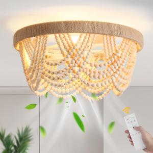 20" Boho Fandelier Ceiling Fan with Light and Remote Control 6 Speeds Low Profile Bladeless Ceiling Fan Wood Beaded Flush Mount Chandelier Fan for Bedroom Living Room, Large