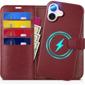 TUCCH Wallet Case for iPhone 16 Pro, Removable 2 in 1 RFID Blocking [4 Card Slots] [Wireless Charging] Kickstand PU Leather Magnetic Detachable Protective Cover Compatible with iPhone 16 Pro, 
Dark Red