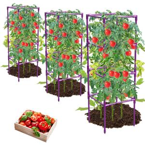 3 Pack Tomato Cages, Square Tomato Plant Stakes Support Cages Trellis for Garden Climbing Vegetables Flowers Fruits,Extra Bold,Purple