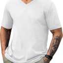 NIASHOT Mens T Shirts Short Sleeve Classic V Neck T-Shirt Casual Summer Basic Tee Shirt (White, L)