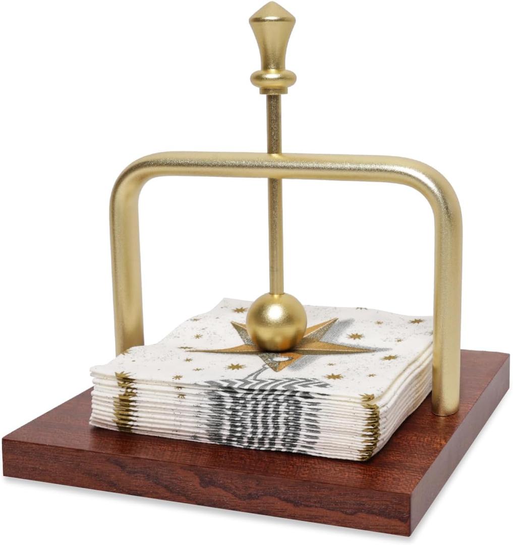 Gold Wood Napkin Holder for Table, Cocktail Napkin Holder for within the Limits of 4.54.5 inch Napkin,Wooden Square Napkin Dispenser with Metal Center Ball for Kitchen Bar Wedding Party