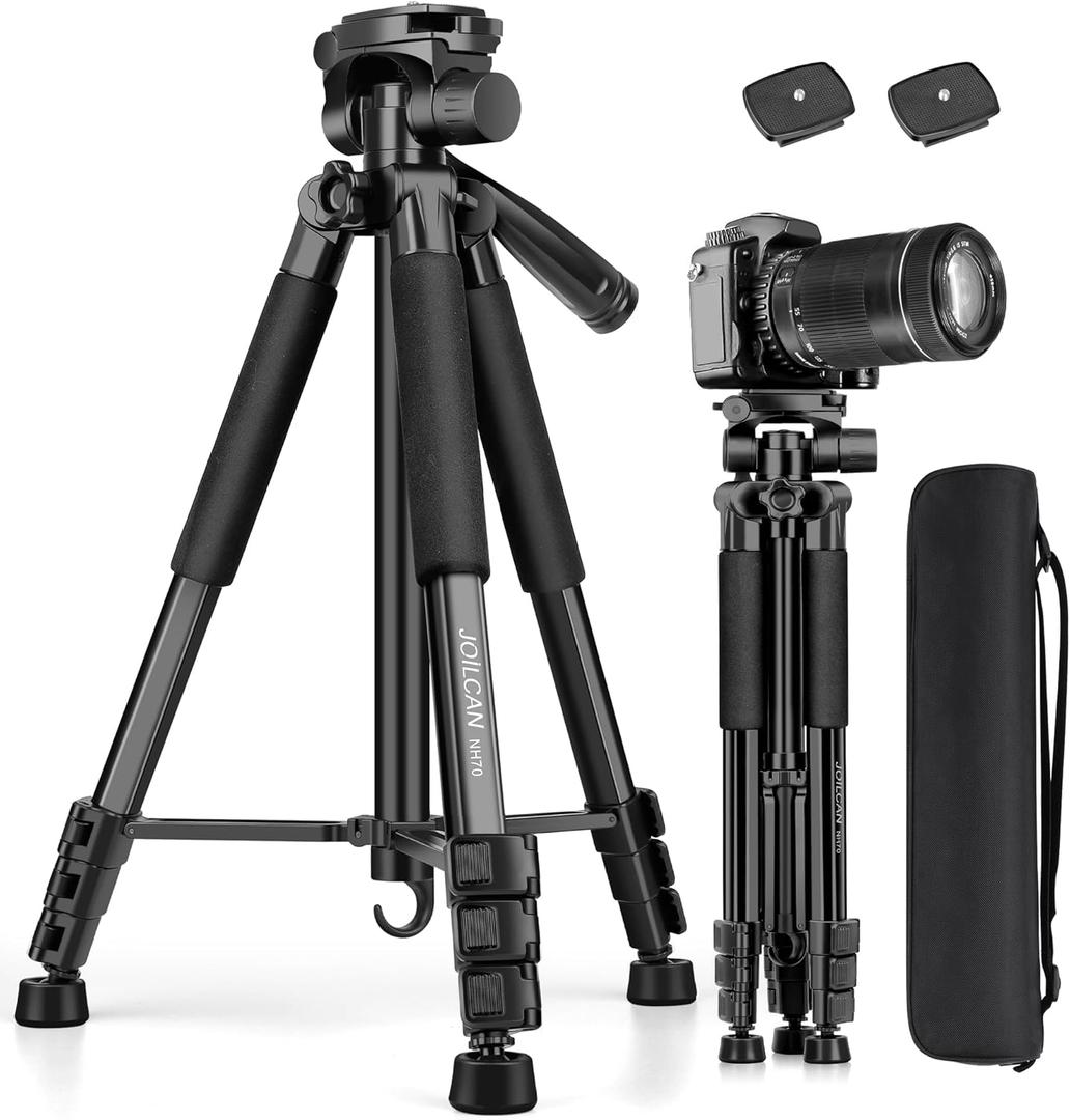 JOILCAN Tripod for Camera, 67" Heavy Duty Camera Tripod, Phone Tripods for Video Recording Photo Vlog, Aluminum Tripods with Holder & Travel Bag for Cameras DSLR iPhone Projector Laser (Black)