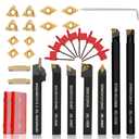 Indexable Lathe Turning Tool 21Pcs Kit 1/2'' 12mm Shank 7 Pcs Metal Lathe Tool Holder Set with 14 Pcs Turning Inserts for Turning Grooving Threading Boring Carbide Inserts Carbide Turning Tool