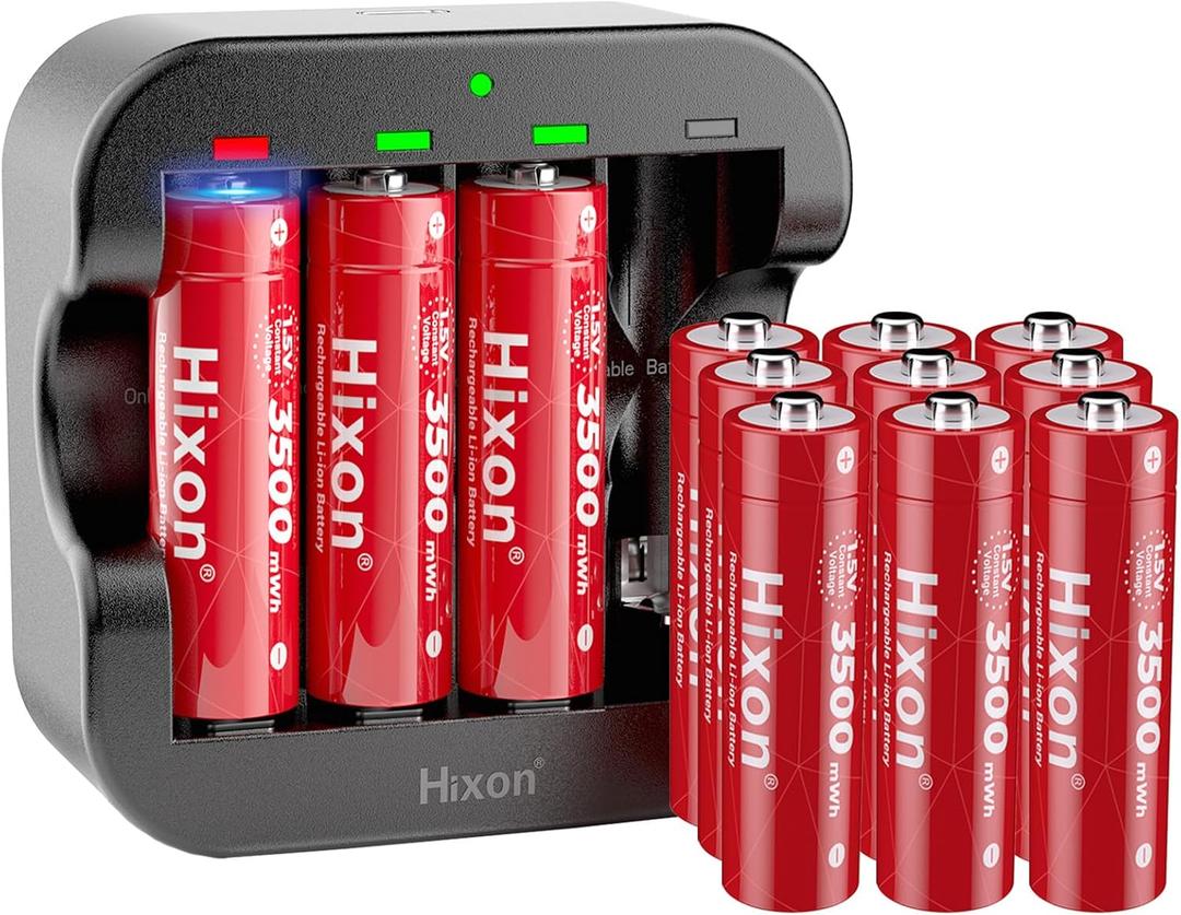 Hixon Rechargeable Lithium AA Batteries,12Pack 1.5V Li-ion Batteries with 2H Fast Charger,3500mWh High-Capacity Long-Lasting Constant Output for Xbox/VR,Blink,Smart Lock,etc. (Black USB Charger with 12 Batteries)