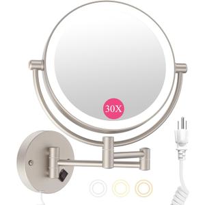 Wall Mounted Makeup Mirror with Lights, 30X/1X Double-Sided Magnifying, Plug-in Lighted Vanity Mirror with 3 Color Modes, Dimmable Brightness, 360 Swivel Extendable Arm for Bathroom & Grooming