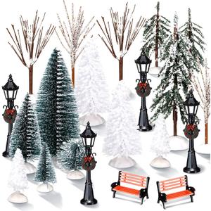 Aoriher 28 Pieces Mini Artificial Christmas Tree Set 22 Frosted Christmas Pine Trees and Snow Covered Village 4 Xmas Street Lamp Post and 2 Miniature Park Bench Seat