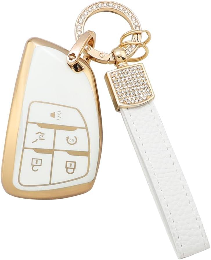 1797 Key Fob Cover fit for Buick Envision fits GMC Sierra 1500 Accessories Car Key Chain Bling Remote Case Shell 5 Button White Gold TPU