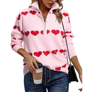 Heart Sweater for Women V Neck Valentines Sweatshirt Quarter Zip Pullover Ribbed Knitted Sweaters Loose Slouchy Tops, 2XL