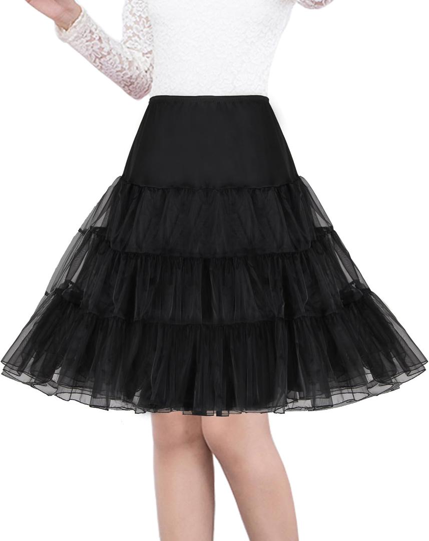 Shimaly Women's 50s Vintage Petticoat 26" Crinoline Rockabilly Tutu Skirt Slip S-3XL (Medium-Large, Black)