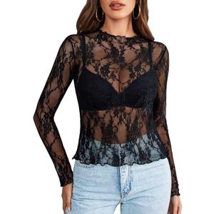 Avidlove Women's Mesh Top Long Sleeve Mock Neck Sheer Blouse See Through Floral Lace Tops (M)