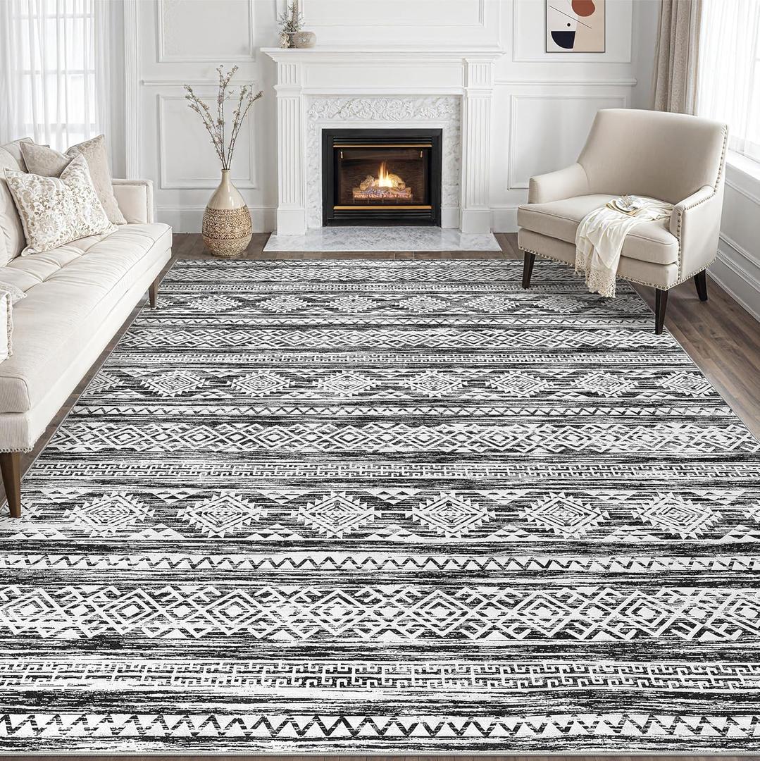 Tortania Area Rug Living Room Rugs - 8x10 Washable Large Soft Neutral Boho Moroccan Bohemian Farmhouse Rug Indoor Floor Carpet for Bedroom Under Dining Table Home Office Decor - Black White