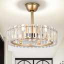 Finktonglan Crystal Chandelier Ceiling Fans, 20 inch Flush Mount Fandelier Ceiling Fan with Light Caged Chandelier Fan Adjustable Height for Dining Room Living Room Kitchen, Gold