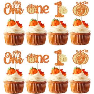 Gyufise 24Pcs Pumpkin One Cupcake Toppers Glitter Pumpkin 1st Birthday Cupcake Picks for Fall Theme Baby Shower Kids First Birthday Party Cake Decorations Supplies Orange