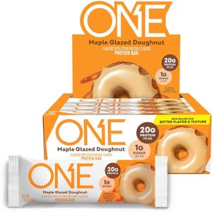 ONE Protein Bars, Maple Glazed Doughnut, Gluten Free with 20g Protein and 1g Sugar, Pantry Staples, 2.12 oz (12 Count, BB 07 2026)