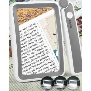 Magnifying Glass with Light, Rechargeable 5X Large Page Magnifier for Reading, Folding Handheld Dimmable, LED Lighted Rectangle Magnifier for Reading Book Small Print for Seniors Low Vision (Grey White)