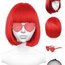 Red Wig and Party Sunglasses, Wig for Women, Short Bob Wigs with Bangs, Bright Red Wig with Neon Glasses Red Wig for Women (Red)