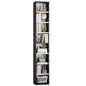 FOTOSOK 8-Tier Media Tower Rack, 11.6 X 9.3 X 71 Inches CD DVD Slim Storage Cabinet with Adjustable Shelves, Tall Narrow Bookcase Display Bookshelf for Home Office, Black/ White