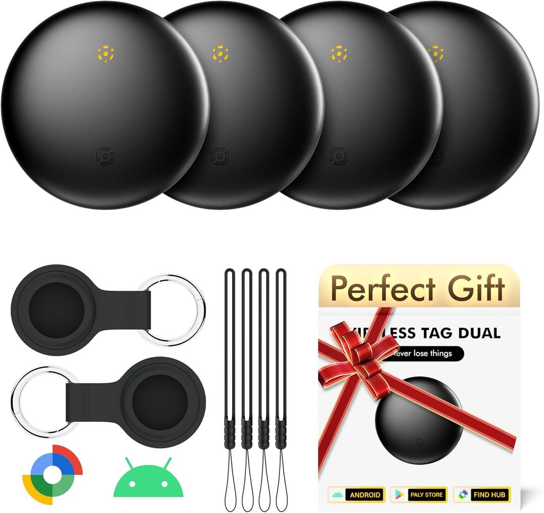 Bluetooth Tracker 4-Pack for Android & Samsung with Case, Smart Tag Item Finder for Keys Wallet Luggage, IP66 Waterproof, 365-Day Battery, Works with Google Find Hub (Black)