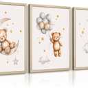 Teddy Bear Nursery Wall Art Decor Baby Boy Girl Room Poster Vintage Nursery Canvas Wall Decor Toddler Kids Room Pictures Cute Bear Neutral Artwork for Bedroom Playroom 12x16 Framed Set of 3