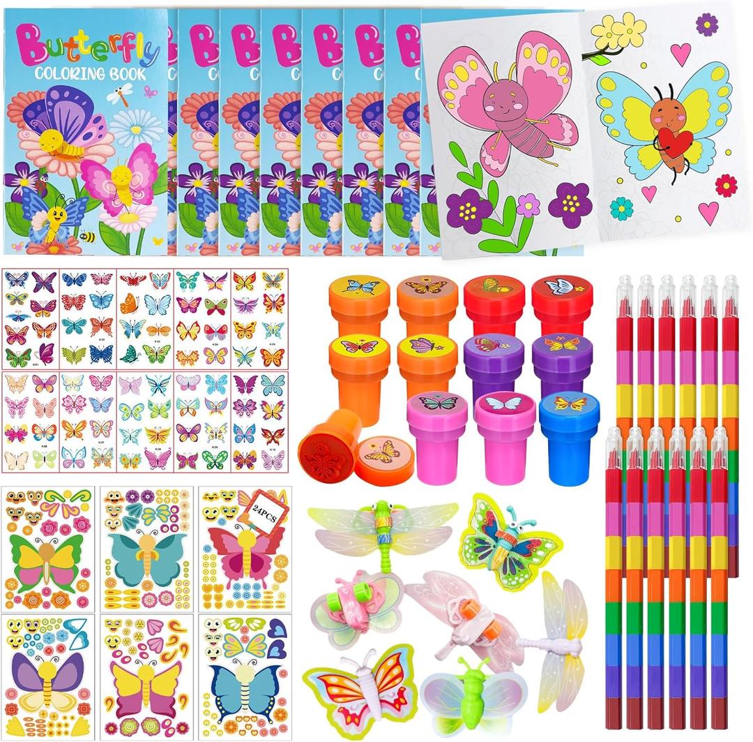 Cinrobiye 72 Pcs Butterfly Party Favors, Butterfly Insects Coloring Books with Crayons, Spring Birthday Goodie Bag Fillers, DIY Craft Kit Stickers Tattoos Stampers for Circus Fairy Bug Parties