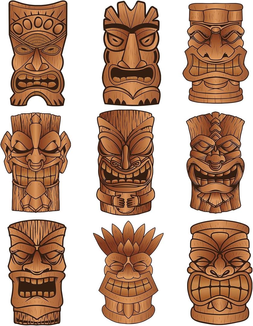 Qilery 9 Piece Jumbo Brown 16.5" - 29.5" Tiki Mask Cardboard Cutouts Tiki Mask Decorations Survivor Themed Party Decorations for Your Next Luau, Bar and Other Fun and Grand Celebrations