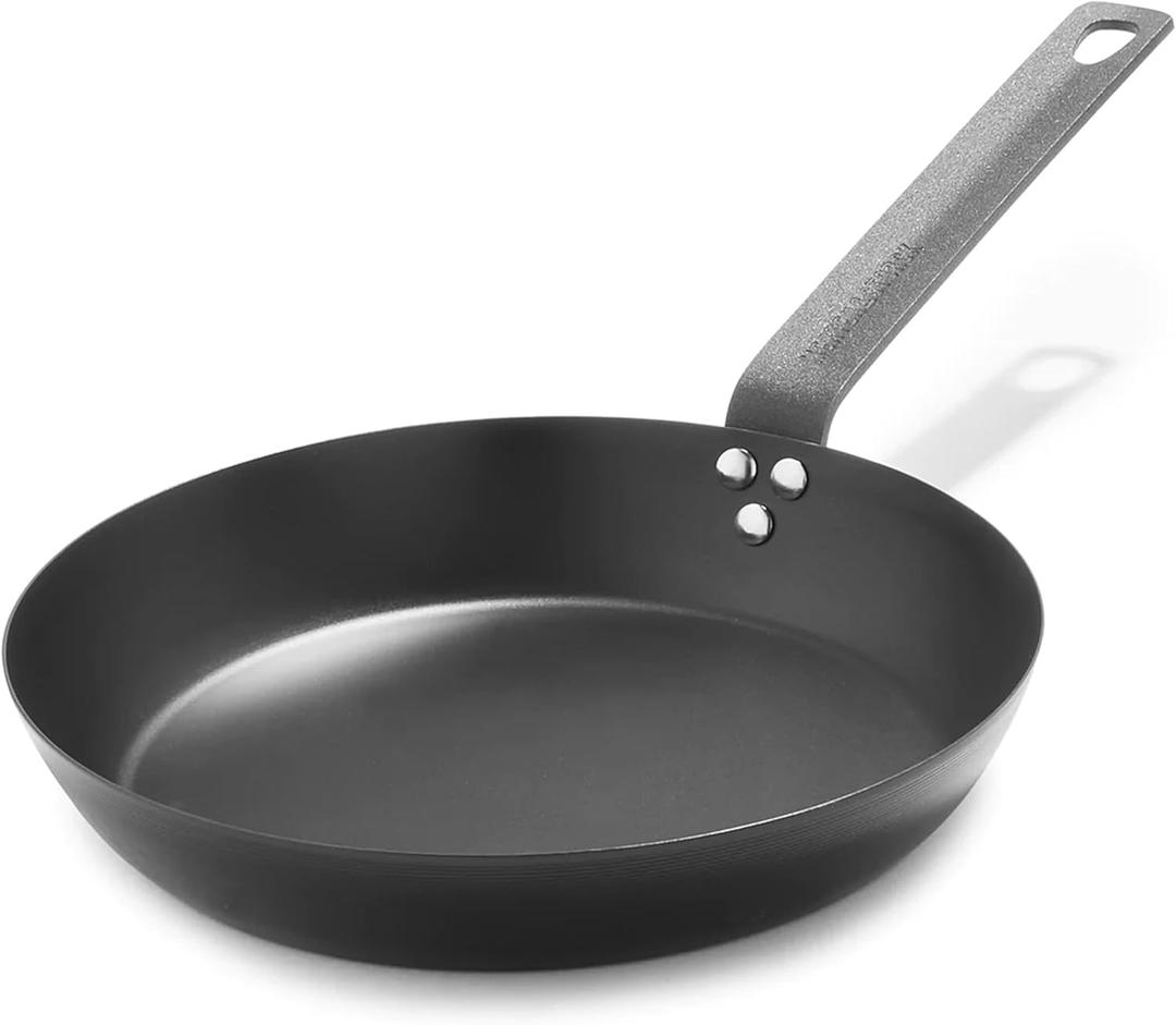 Merten & Storck Pre-Seasoned Carbon Steel 10 Frying Pan Skillet, Use on Induction, Stove and Grill, Durable, Even-Heating, for Searing, Grilling, Oven Use, and Campfire, Indoor/Outdoor (Black)