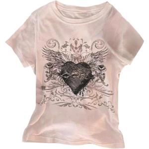 Women's Gothic Heart Graphic Tees Short Sleeve Crew Neck Slim Fit T Shirt Vintage Y2K Tops (Large)