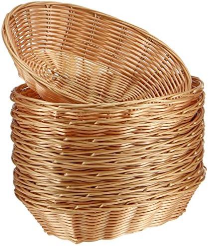 SINJEUN 20 Pack Wicker Bread Basket, Handwoven Oval Plastic Basket, Woven Tabletop Fruit Vegetables Food Serving Basket for Home, Kitchen, Restaurant, Light Brown