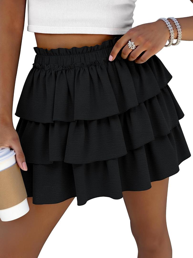 Caracilia Summer Skorts for Women Flowy High Waist Ruffle Tiered Mini Skirts 2026 Casual Beach Vacation Skirt Built-in Shorts M