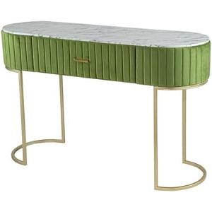Benjara Jeah 47 Inch Console Table, 1 Drawer, Curved Iron Base, Fabric, Green, Gold and White