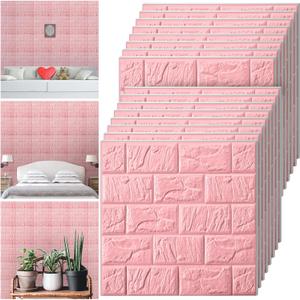 Colarr 60 Pcs 58 Sq ft 3D Wall Panels Peel and Stick Faux Foam 3D Brick Wallpaper Faux Paneling Adhesive Wall Covering Panels Decorative Medieval Tiles Waterproof for Bedroom(Pink)