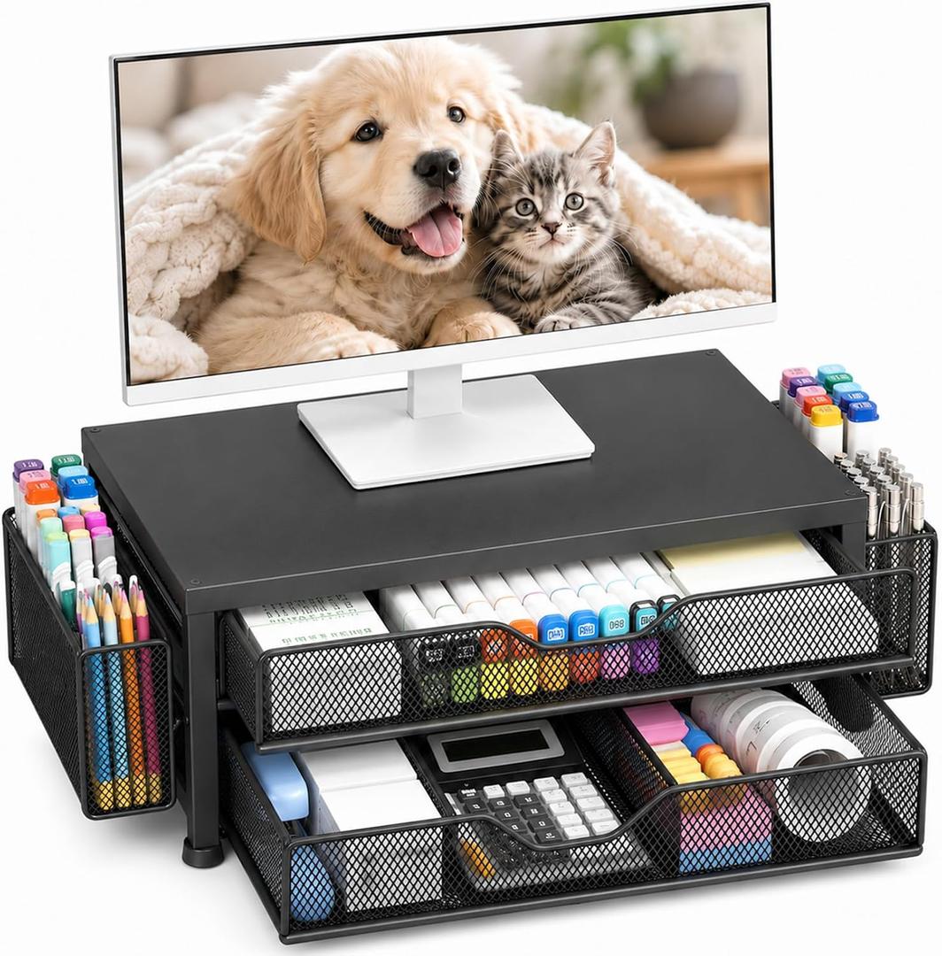 Desk Organizer and Accessories, 2-Tier Computer Monitor Stand Riser with 2 Drawer and 2 Pen Holders, Laptop Stand, Office Desk Accessories for Office Supplies, Black Metal