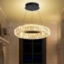 Modern Ring Crystal Chandelier with Remote Control Dimmable LED Ring Pendant Light Round Chrome Crystal Chandelier Light Fixtures for Dining Room Living Room15.7in Black