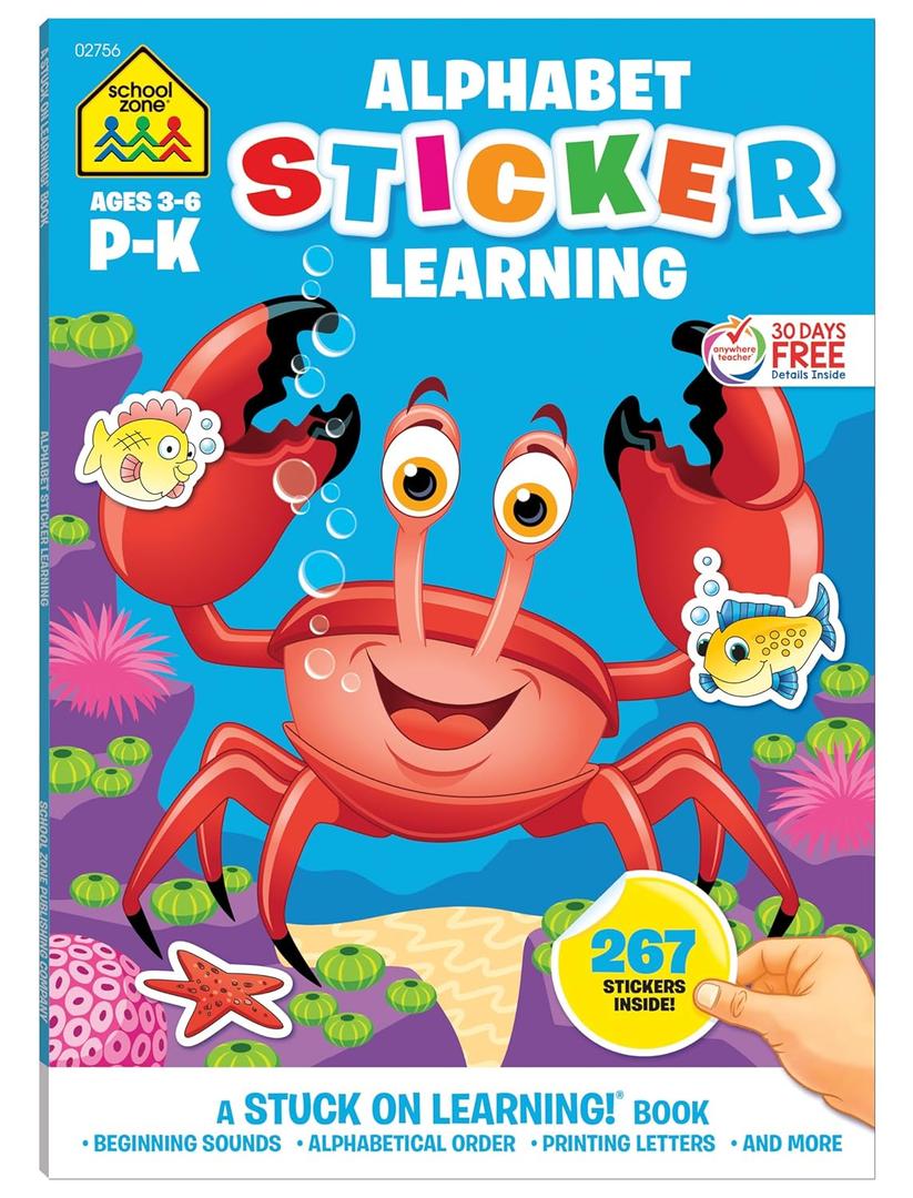 School Zone Alphabet Stickers Workbook: 64 Pages, Preschool, Kindergarten, 267 Stickers, ABCs, Printing Letters, Phonics, Ages 3 to 6 (Stuck on Learning! Book Series)