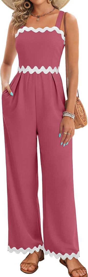 AGERWAY Womens Summer Jumpsuits Dressy Rickrack Trim Square Neck Casual One Piece Sleeveless Wide Leg Long Pant Rompers (S)