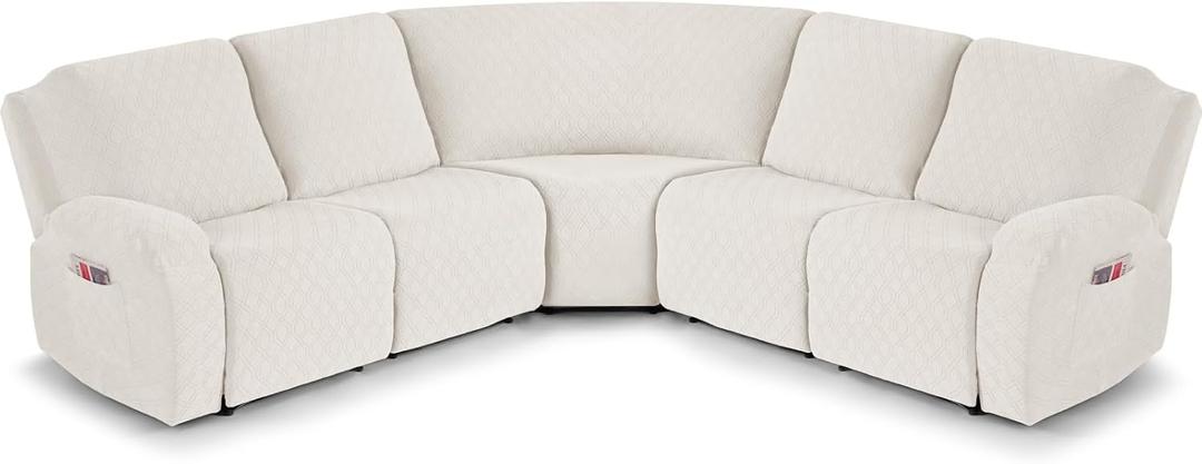 VANSOFY Extra Large Reclining Sectional Couch Covers, Washable 5-Piece Sofa Covers for L Shape Sectional Sofa Corner Seater, Thick, Soft Sofa Slipcovers (5 Seat Recliner Cover, Off White)