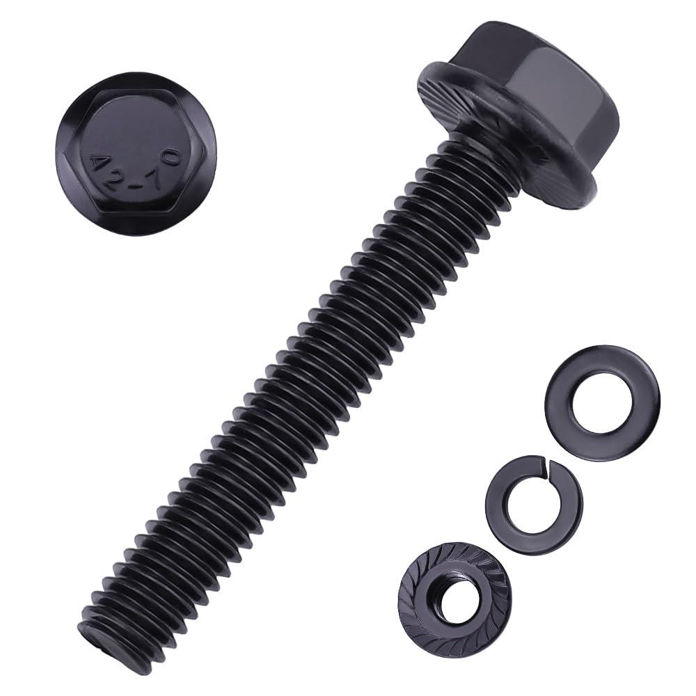 16-Sets 1/4-20 x 2 Hex Flange Bolts & Flange Nuts Combo Kit with Flat and Lock Washers- 304 Stainless Steel 18/8, Black Coated, for Heavy Duty Applications