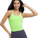 Ribbed Workout Short Racerback Tank Tops for Women with Built in Bra, Glow-Green, Medium