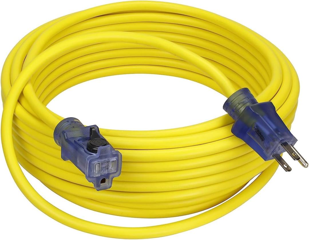 Clear Power 50ft 14/3 SJTW Yellow Outdoor Extension Cord, 3 Prong Grounded Plug, Lighted-Locking Connector, DCCO-9005-DC