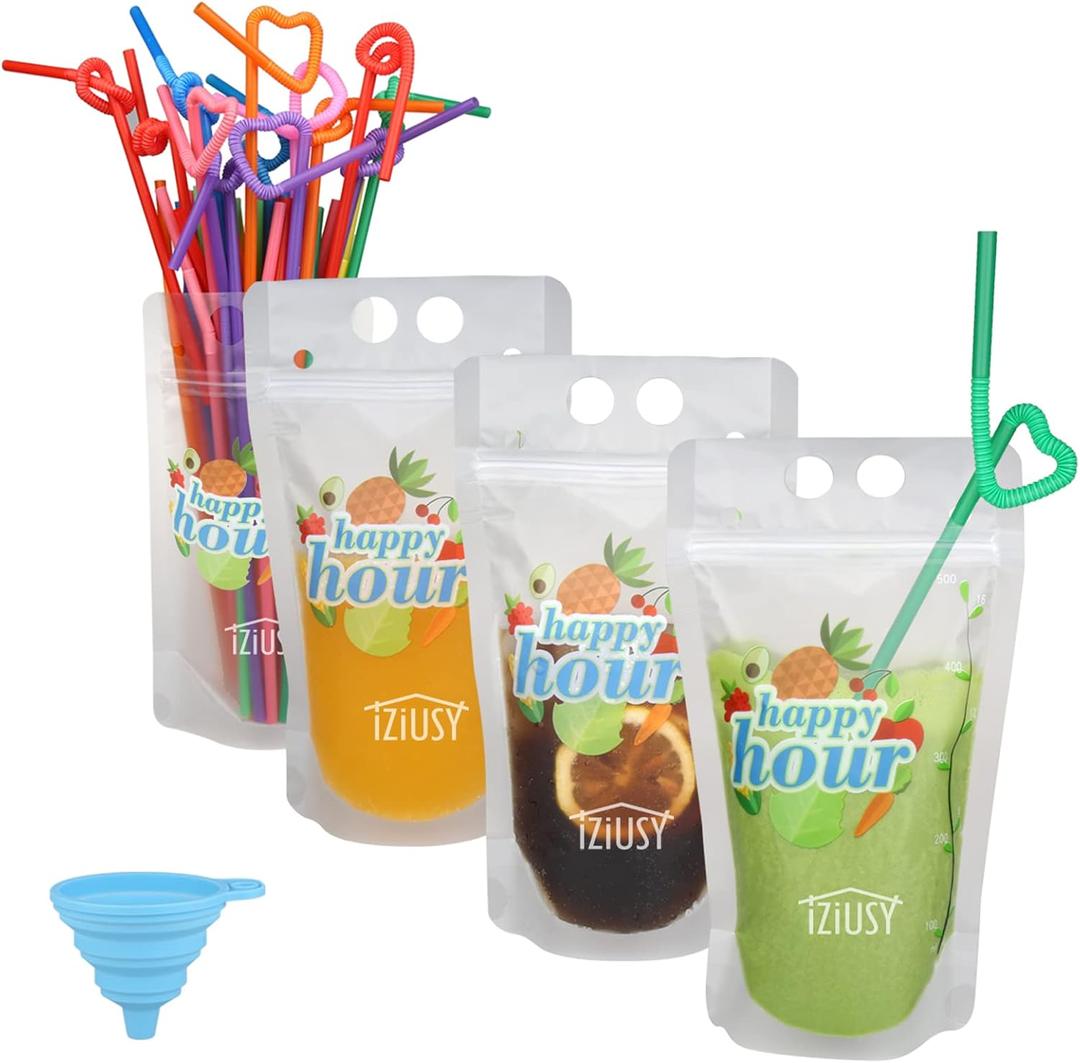 100 Pcs Zipper Plastic Pouches Drink Bags, Heavy Duty Hand-Held Translucent Frosted Reclosable Stand-up Bag 2.4" Bottom Gusset with 100 pcs Straws & Funnel Included