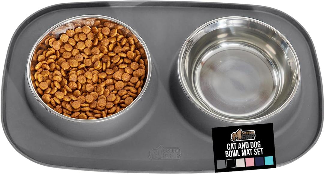 GORILLA GRIP Feeding Mat Bowl Set, 100% Waterproof BPA Free Silicone Base, 304 Stainless Steel Cat and Dog Bowls for Food and Water, Slip Resistant, High Edge, US Designed, Patent Pending, 2 Cup Gray
