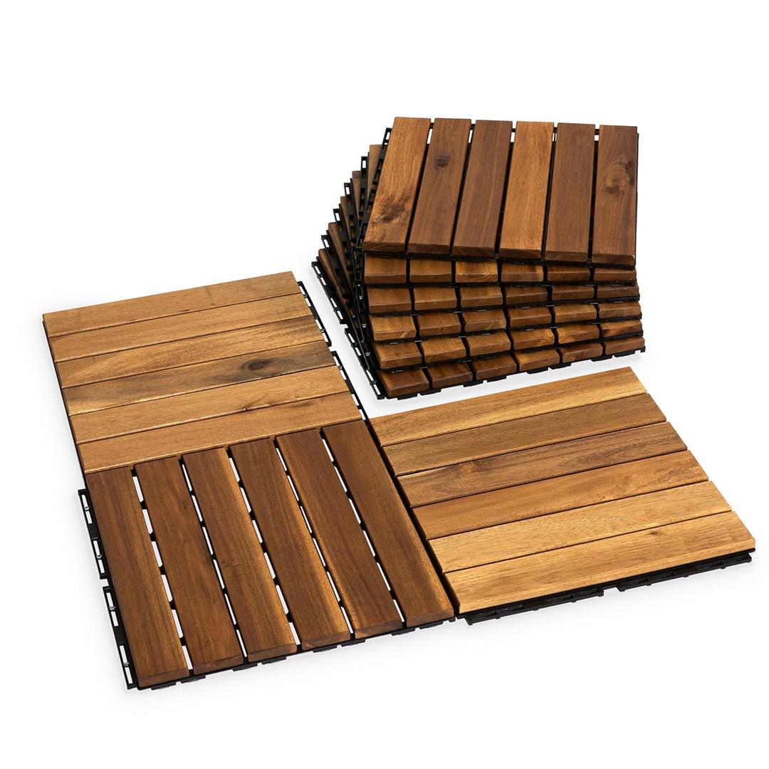Acacia Wood Flooring Interlocking Deck Tiles for Patio Decor 9 Pcs 6 Slats VR Natural - Waterproof Indoor & Outdoor Decor - Balcony Garden Decking Tile (12.24 * 12.24 * 0.75 inches)
