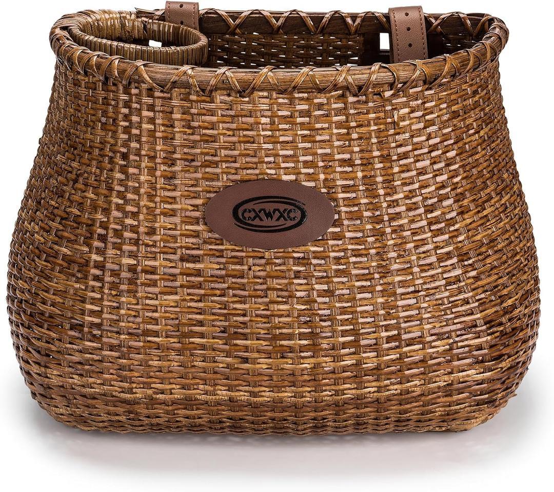 CXWXC Bike Basket - Handmade Rattan Bike Baskets for Girls Women - Front Bicycle Bike Basket with Coffee Cup Holder for Beach Cruiser, Scooter, Ebike (Brown)
