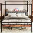 LIKIMIO King Canopy Bed Frame, Storage Headboard with Charging Station
Platform Bed with 4 Removable Sturdy Posts, Noise Free, No Box Spring Needed, Vintage Brown