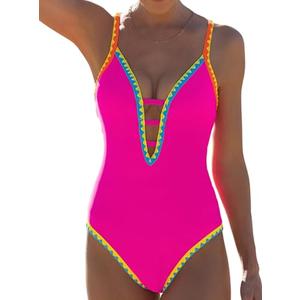 popvil Women One Piece Swimsuit Tummy Control Deep V Neck Neon Cute Bathing Suit Back Tie Swim Suits 2025 Summer, Rose Red Small