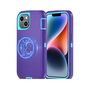 for iPhone 15 Case [Compatible with MagSafe], Heavy Duty Shockproof 3-Layer Full-Body Protection Rugged Cover, Drop-Resistant and Wireless Charging Friendly (Purple, iPhone 15)